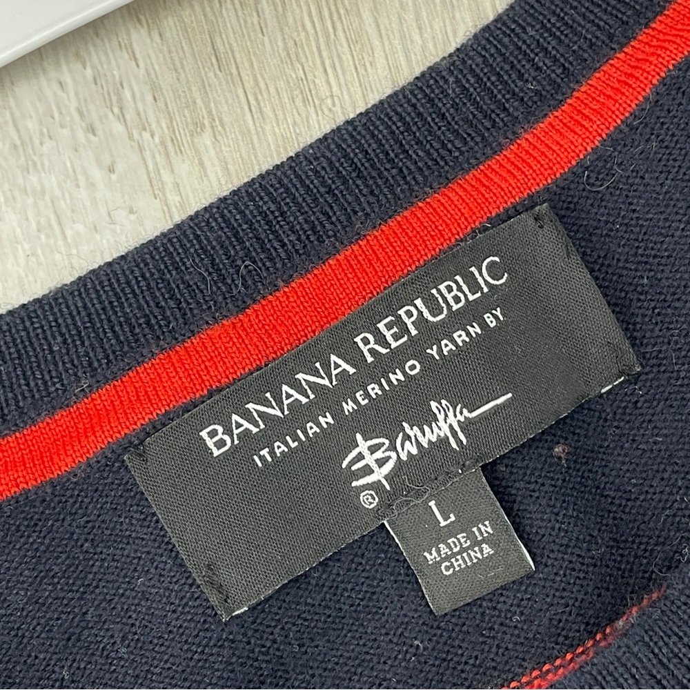 Banana Republic Sweater italian merino wool striped crew mens Navy Blue large - Picture 2 of 7